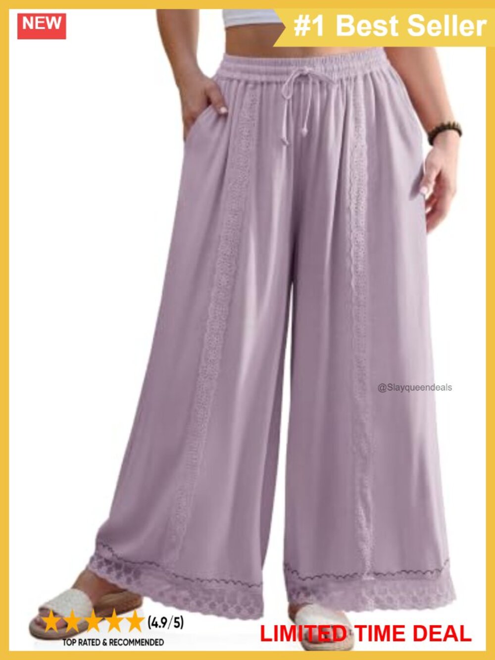 Womens Linen Wide Leg Pants Boho Lounge Beach Vacation Flowy Lace